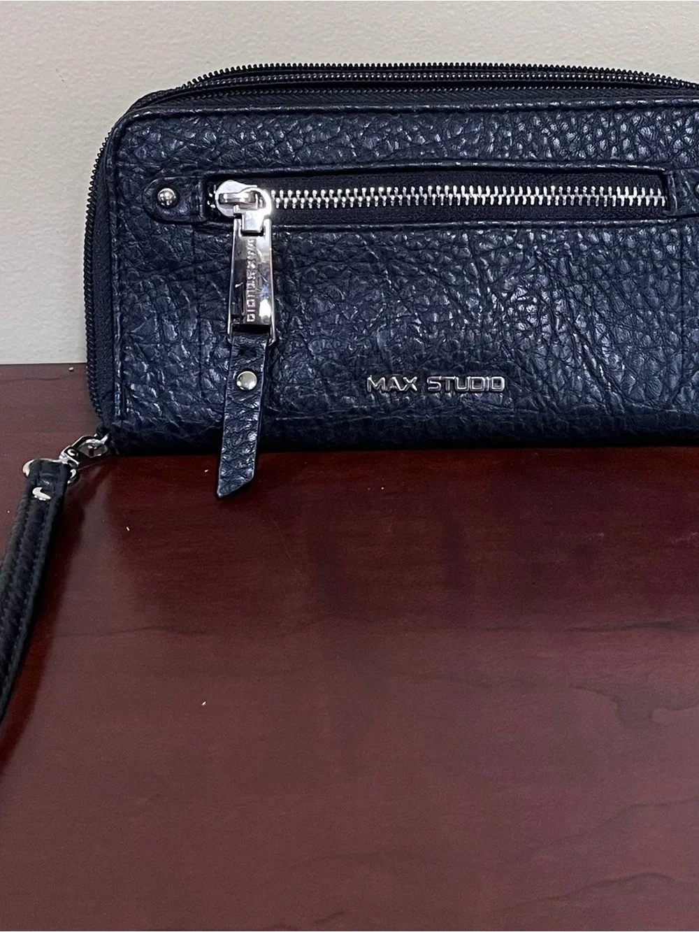 Max Studio Black Pebbled Leather Wristlet with Silver Hardware